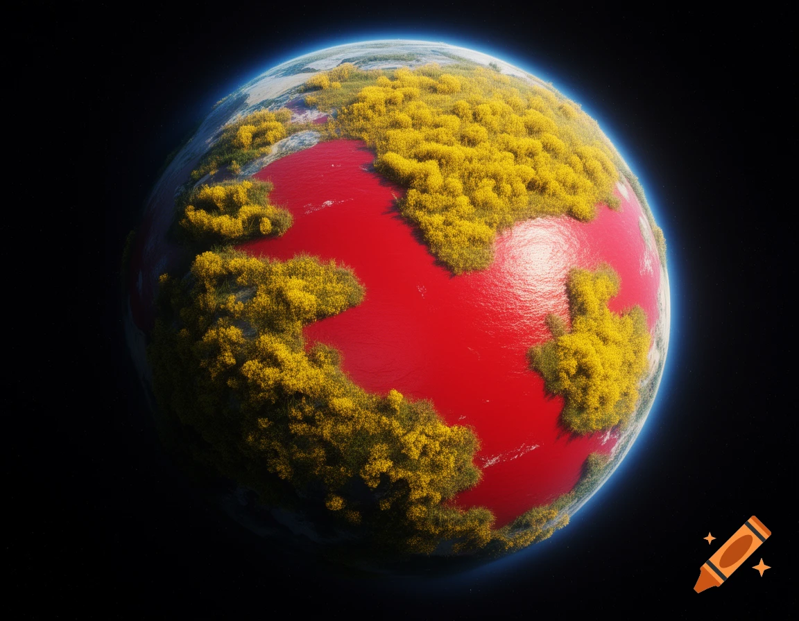 An alien planet seen from space, featuring vast red oceans and patches of bright yellow flora.