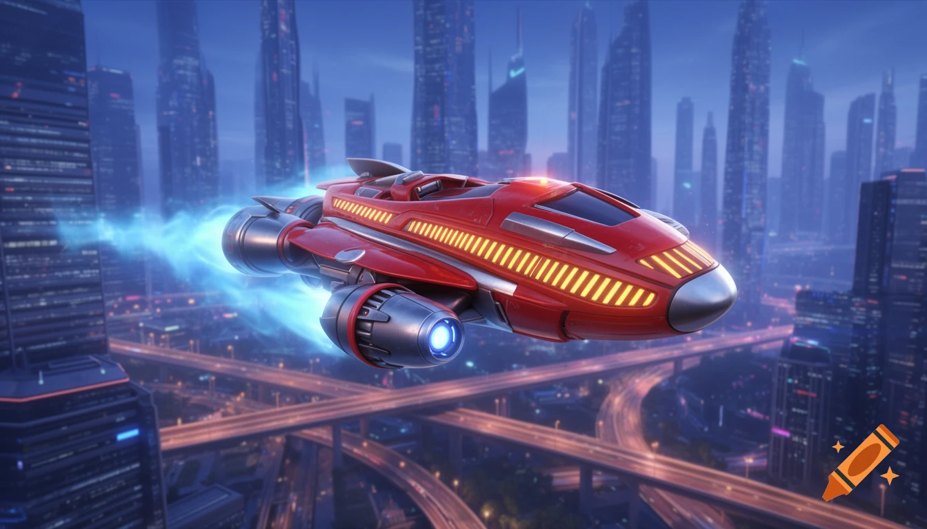 A red futuristic rescue vehicle with blue thrusters flies over a glowing cityscape at night in 3D animation style.