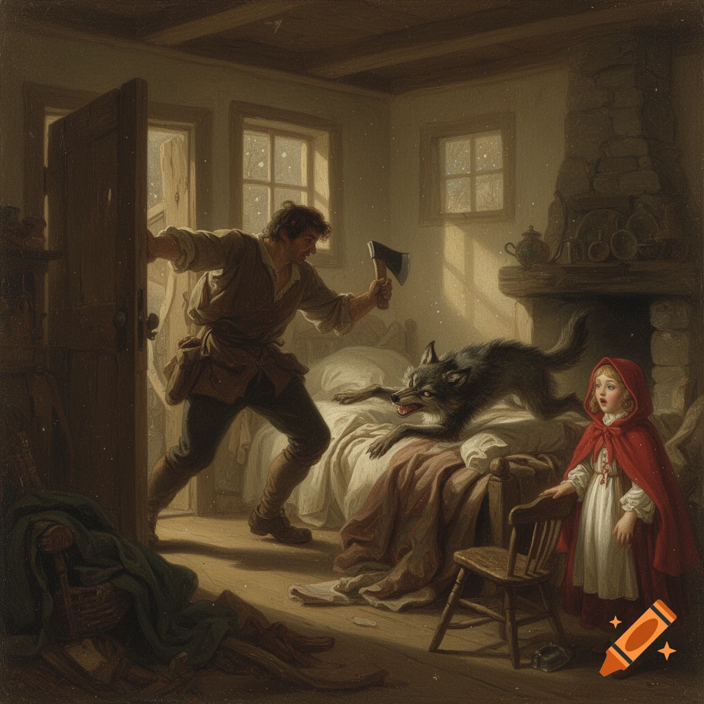 An oil painting of a woodcutter with an axe entering a cottage, confronting a wolf on a bed, with a surprised Little Red Riding Hood nearby.