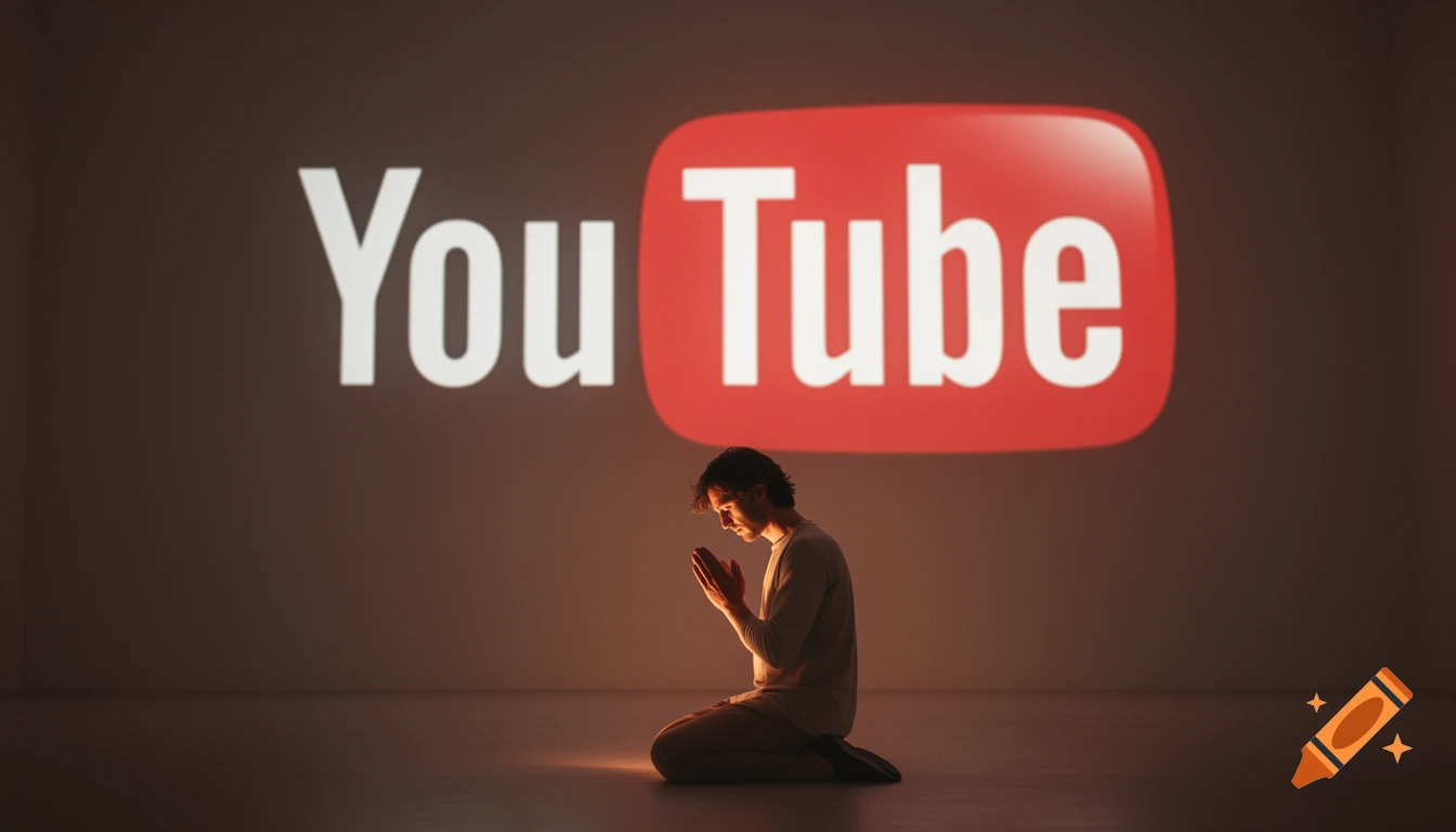 A man kneels on the ground in prayer before a large, illuminated YouTube logo projected on a wall in a dark room.