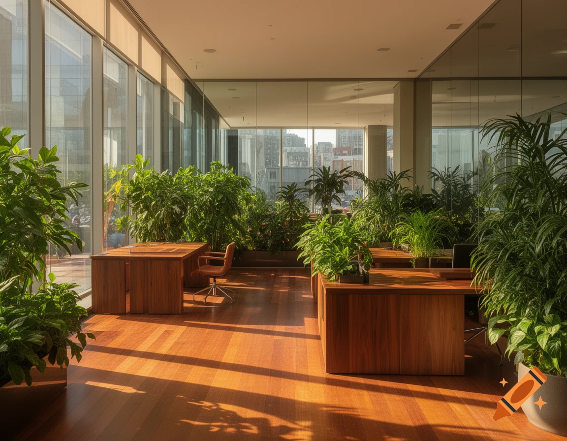 A bright, modern office with large windows, wooden desks, and abundant green plants bathed in warm sunlight.