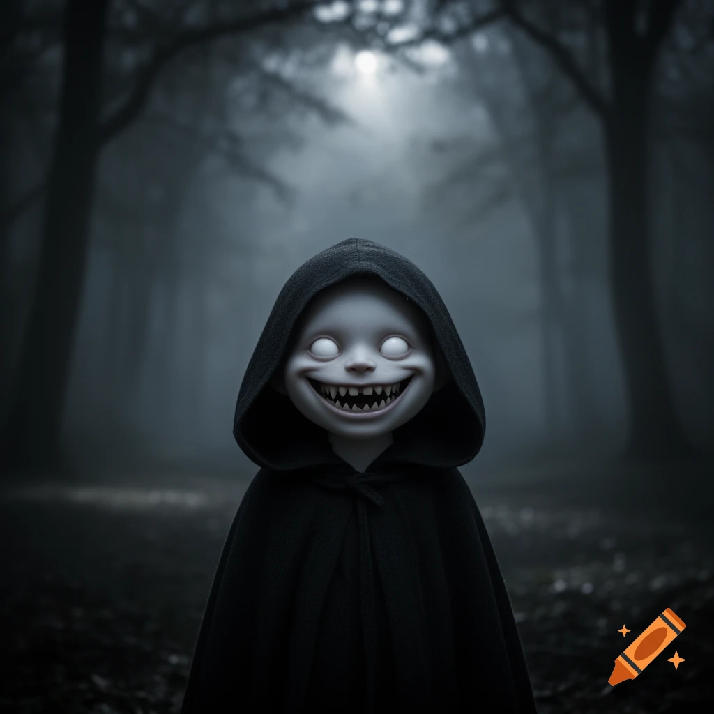 A creepy, pale figure with a wide, toothy grin and blank white eyes, wearing a black hooded cloak, stands in a dark, misty forest.