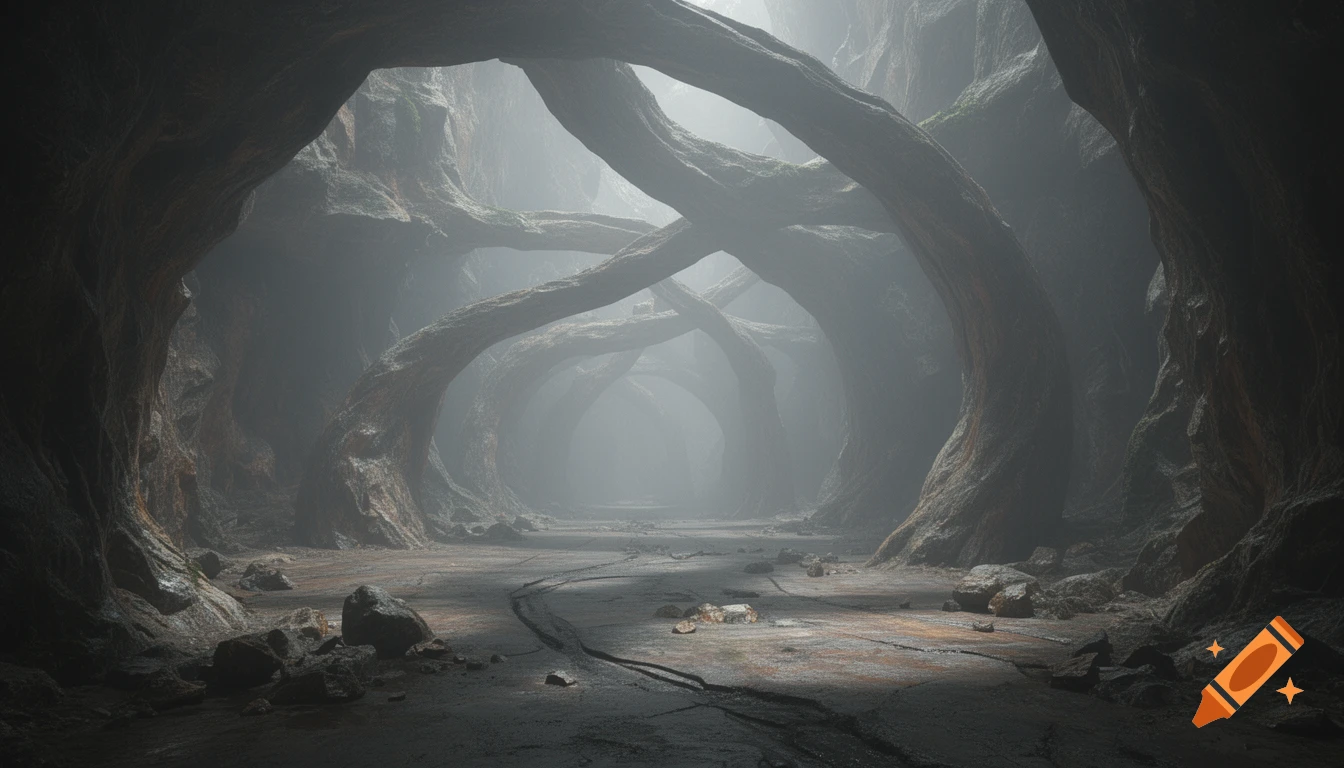 Dark, winding underground cavern with large tree-like rock arches and a misty path leading to a distant light.