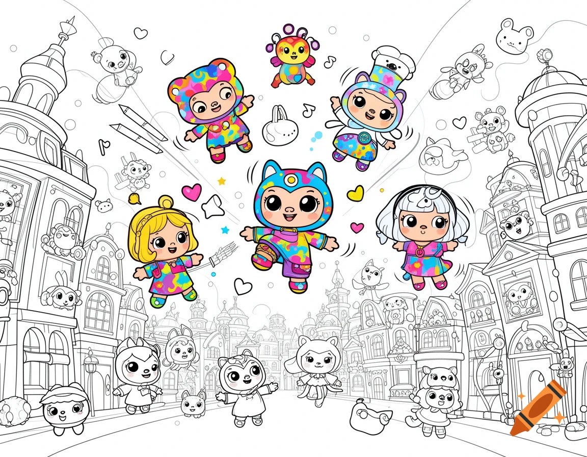 Many cute Toca Boca-style characters, some partially colored, float above a black-and-white city scene.