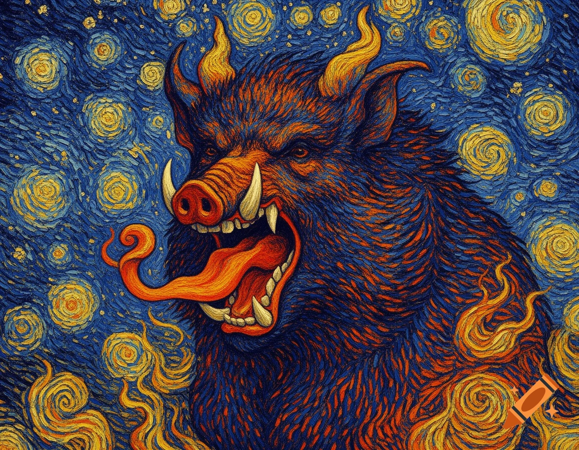 An aggressive, monstrous boar-like creature with fangs, horns, and an outstretched tongue, rendered in the swirling, impasto style of Van Gogh's Starry Night.