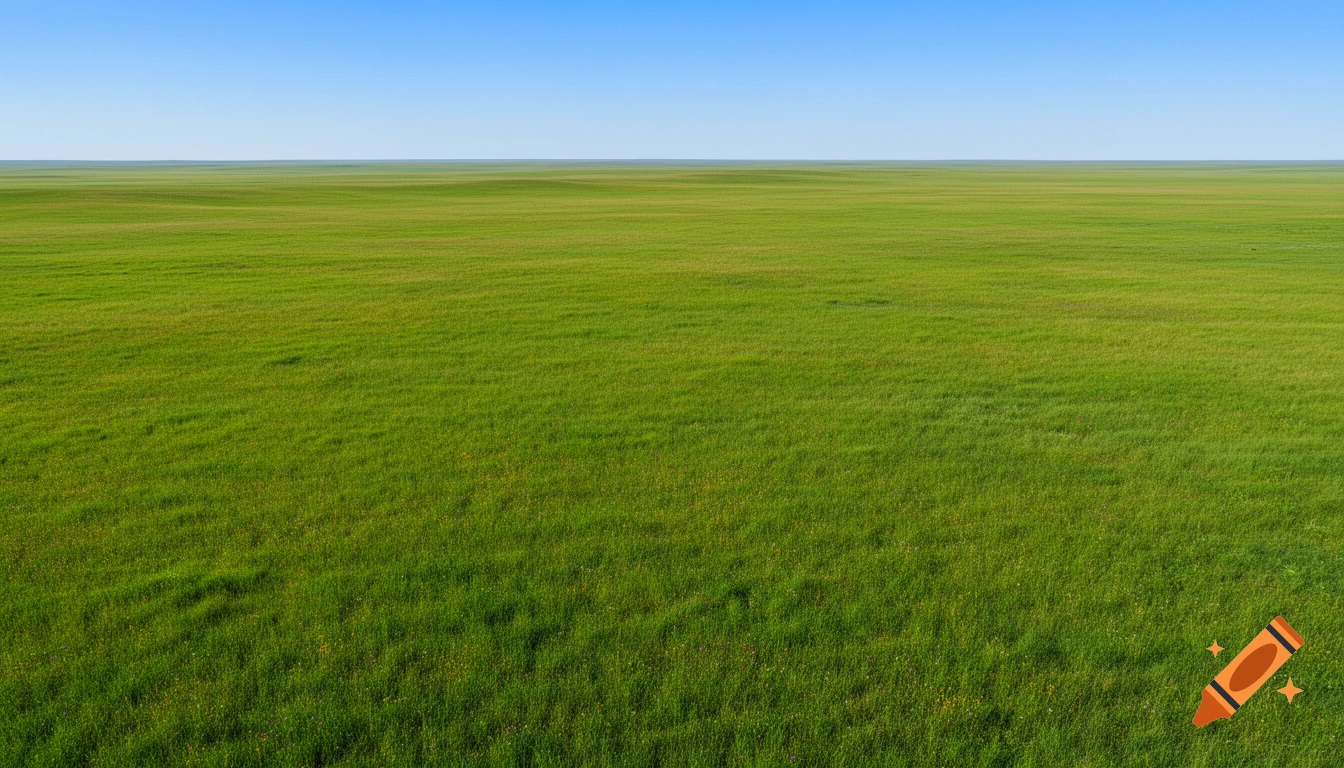 Vast flat green grass plain stretches under a clear blue sky, viewed from a slightly elevated perspective.
