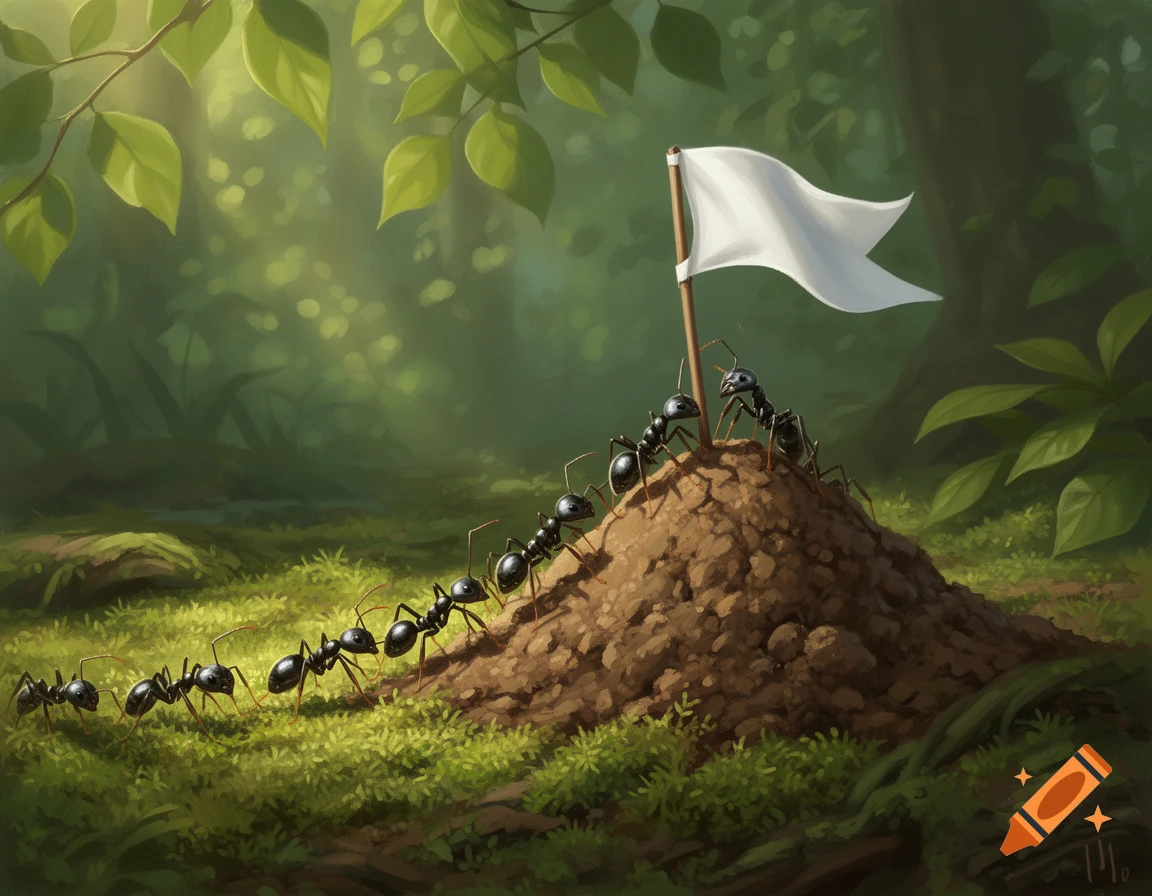 A line of black ants marches up a dirt anthill topped with a white flag in a lush green forest, illustrative style.