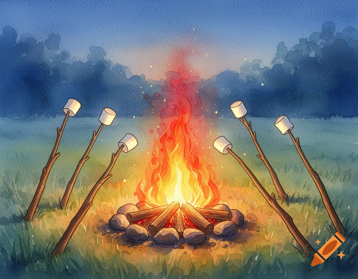 Warm watercolor painting of a campfire with marshmallows roasting on sticks at dusk, with trees in the background.