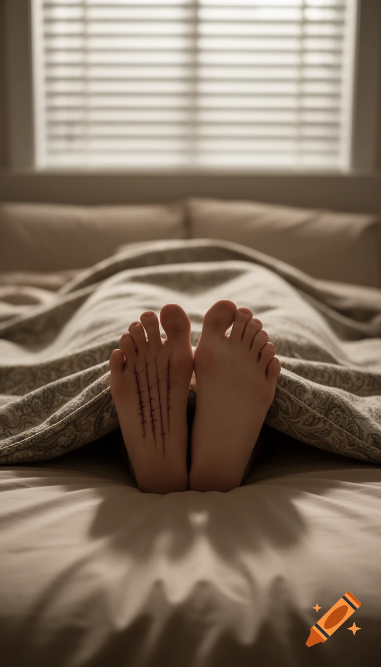 Two pairs of feet sticking out from under a blanket on a bed, one pair with stylized scar-like marks on the sole.
