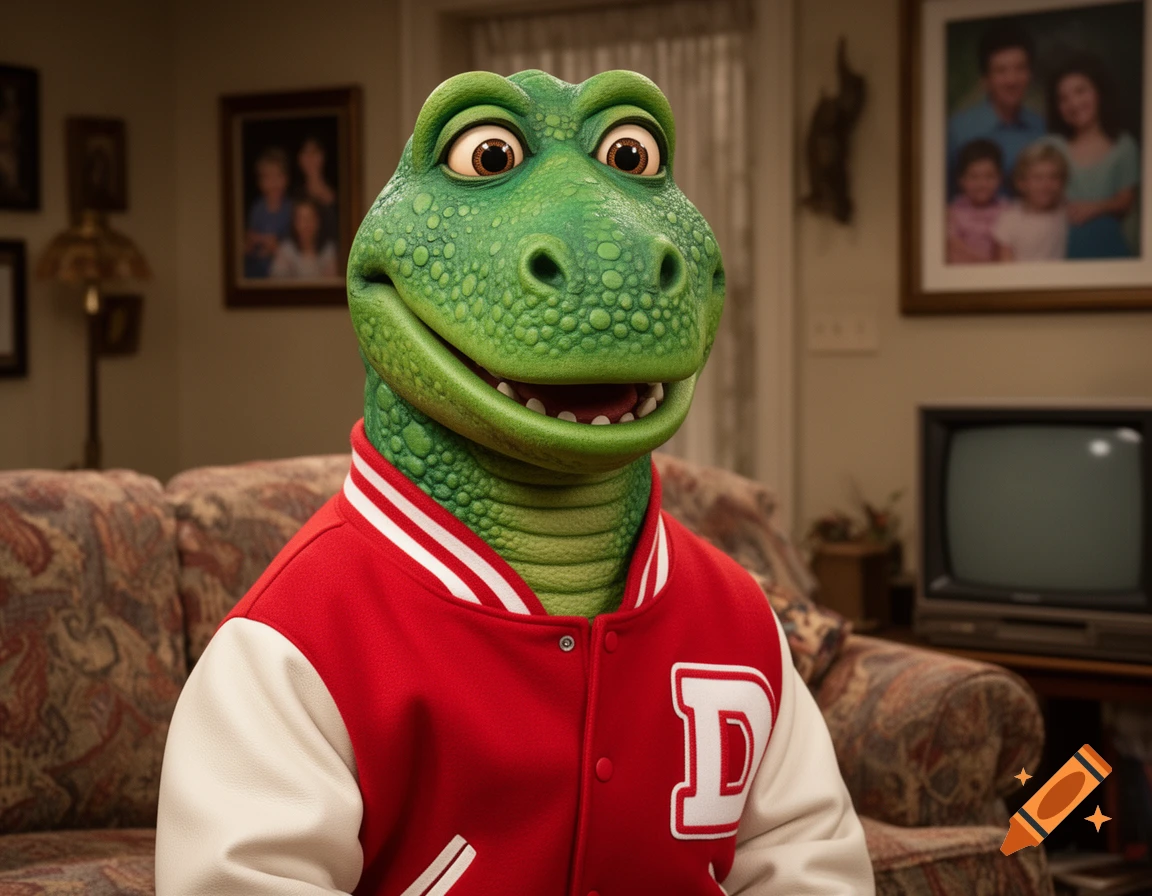 A green dinosaur in a red and white varsity jacket with a 'D' sits on a patterned couch in a living room, looking forward.