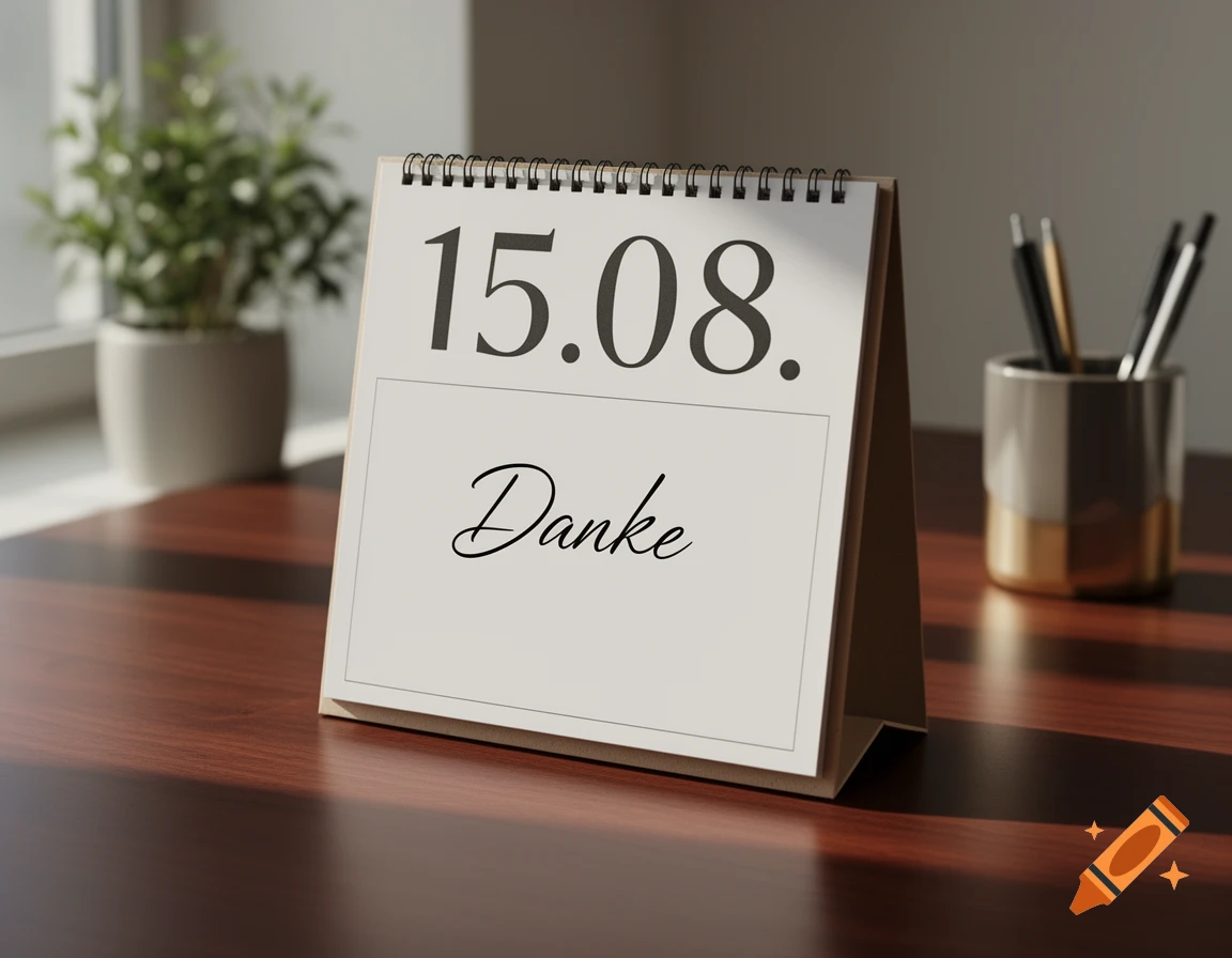A desk calendar displaying "15.08." and "Danke" on a wooden desk with a potted plant and pens, photorealistic.