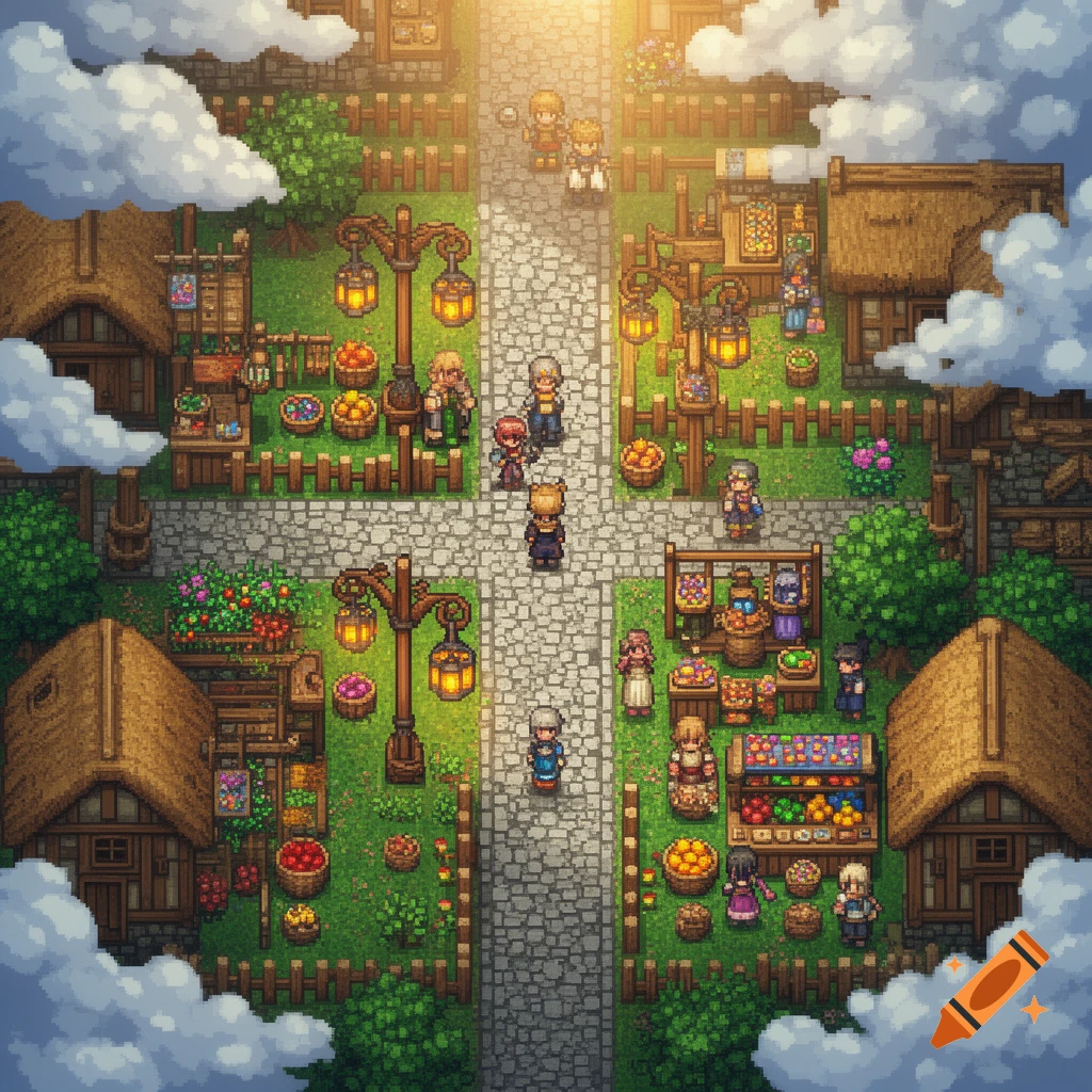 A top-down pixel art fantasy village market scene with characters, stalls, thatched-roof houses, and cobblestone paths.