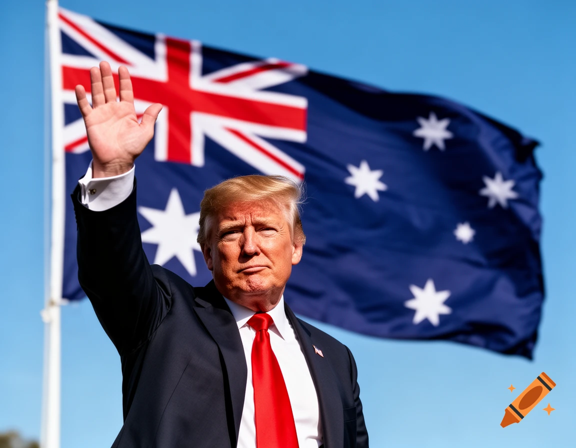 Donald Trump raises his hand in front of a waving Australian flag against a blue sky.