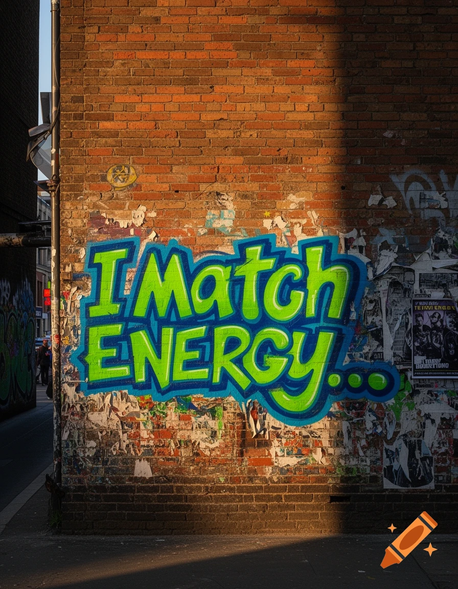 Green and blue graffiti reading 'I Match ENERGY...' on a sunlit brick wall covered with torn posters in an urban alley.