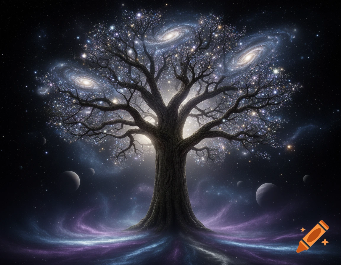 A majestic cosmic tree with branches filled with stars and galaxies, surrounded by planets and colorful nebulae in deep space.