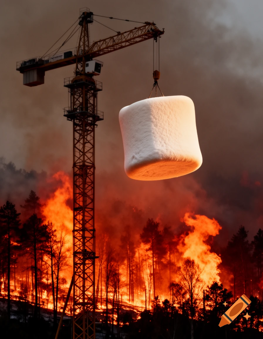 A giant marshmallow dangles from a tower crane over a raging forest fire under a smoky sky.