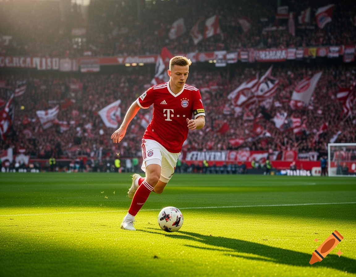 Photorealistic image of a male soccer player in a red jersey with a white T-logo, dribbling a ball on a green field in a stadium filled with fans.
