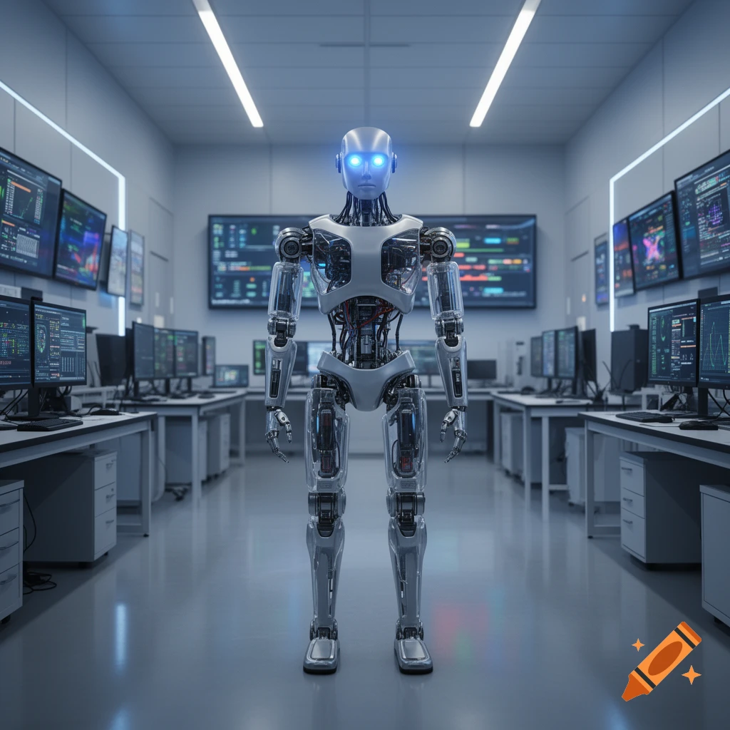 A chrome-plated humanoid robot with glowing blue eyes stands in a futuristic data center with multiple monitor screens displaying data.