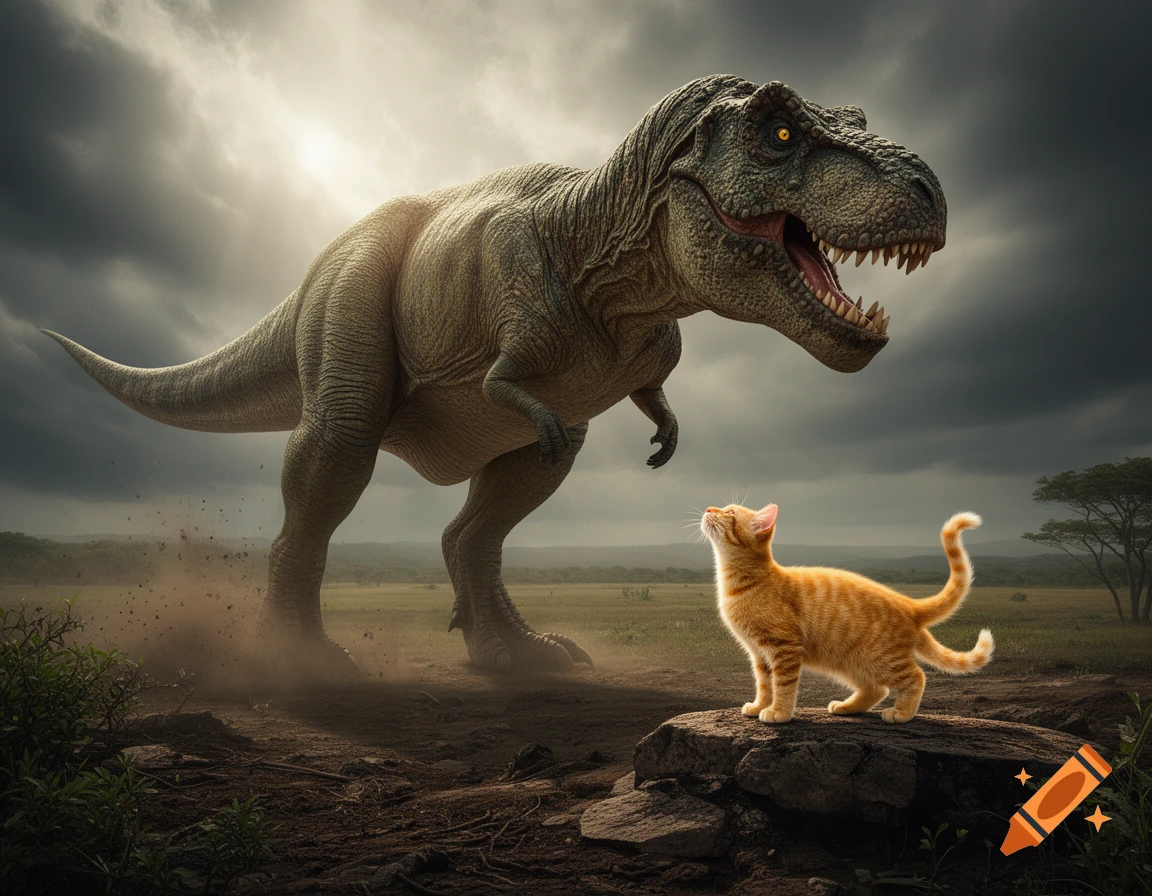 A photorealistic image of a giant T-Rex looking down at a tiny orange cat on a rock under a dramatic, cloudy sky.
