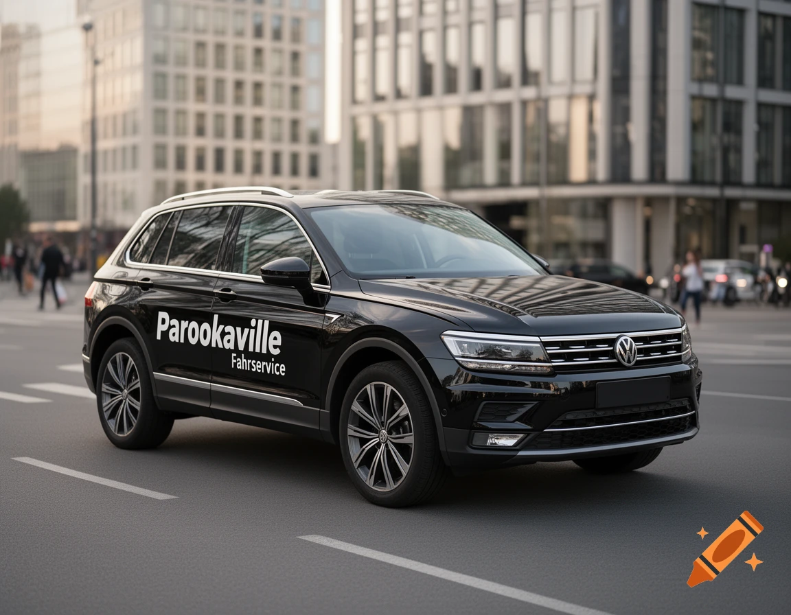 A black Volkswagen Tiguan SUV with 'Parookaville Fahrservice' on its side drives on a city street.