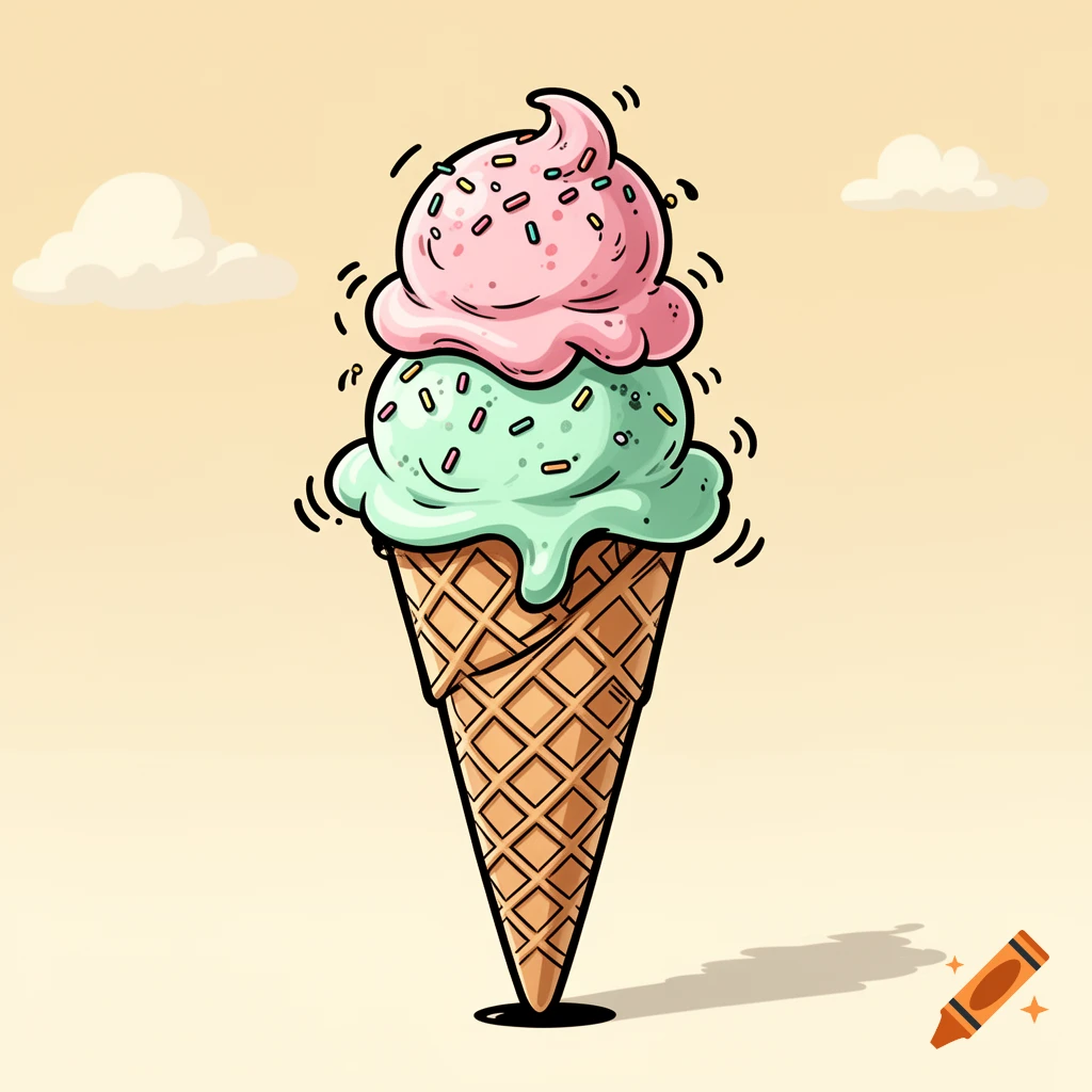 A vibrant rubberhose cartoon illustration of a two-scoop ice cream cone with pink and mint green scoops and sprinkles.