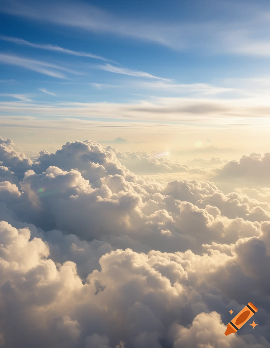 Aerial view of fluffy white cumulus clouds under a clear blue sky, with sunlight creating a golden glow.