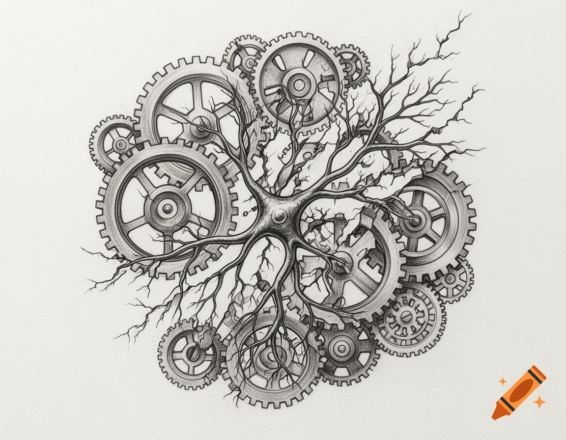 A detailed black and white pencil drawing of a neuron with branching dendrites intertwined with various steampunk gears.