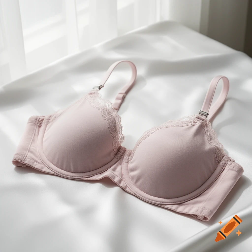 A light pink bra with delicate lace trim rests on a white satin surface, bathed in soft window light.