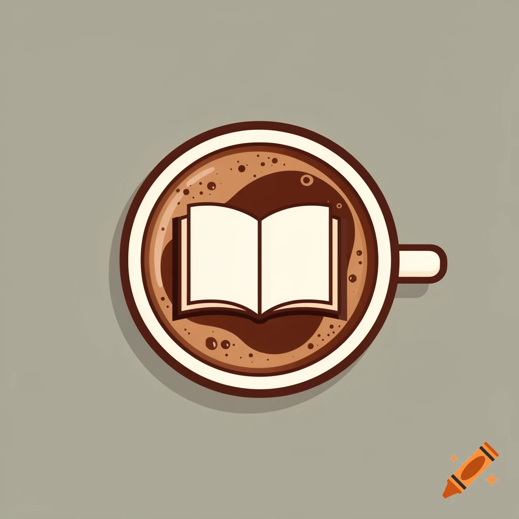 Overhead pictogram of a coffee cup with an open book in its foam.