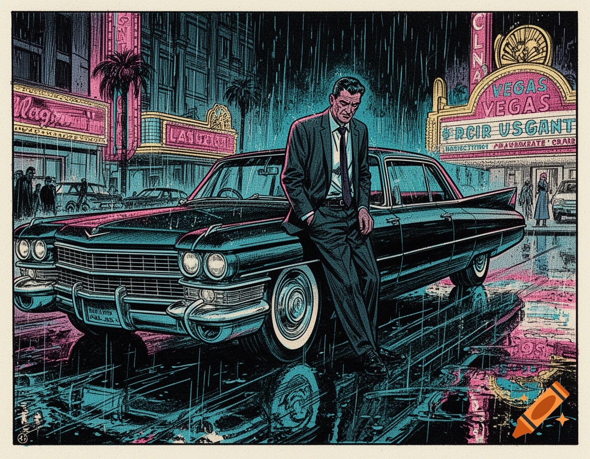 A man in a suit leans on a vintage black Cadillac on a rain-slicked Vegas street at night, illuminated by neon signs, in a Will Eisner comic art style.