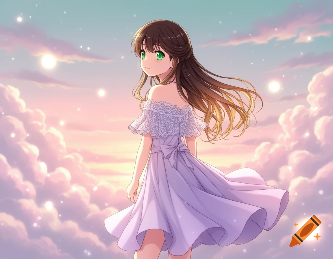 An anime girl with brown hair and green eyes in a light purple off-shoulder dress, looking back over her shoulder against a pastel cloudy sky.