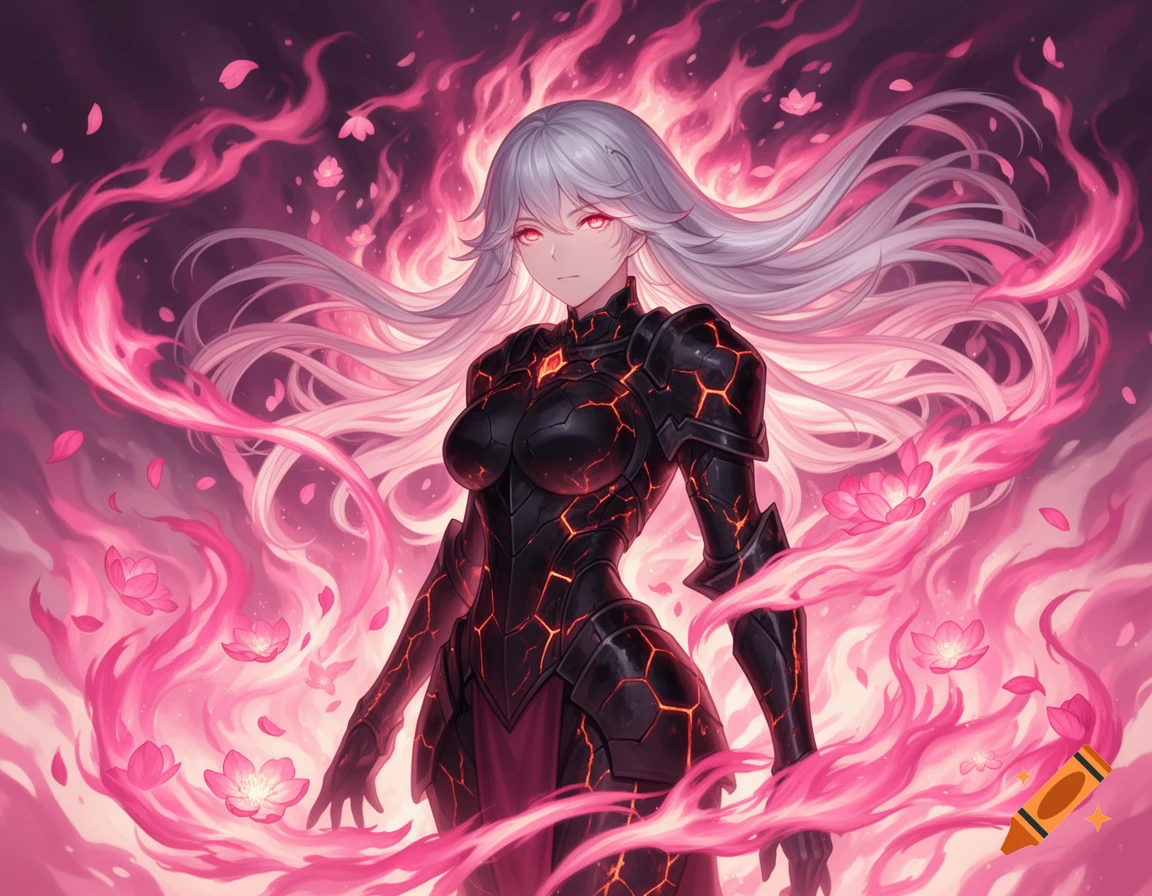 An anime fire mage with silver-white hair and glowing red eyes in black cracked armor, surrounded by swirling pink flames and petals.