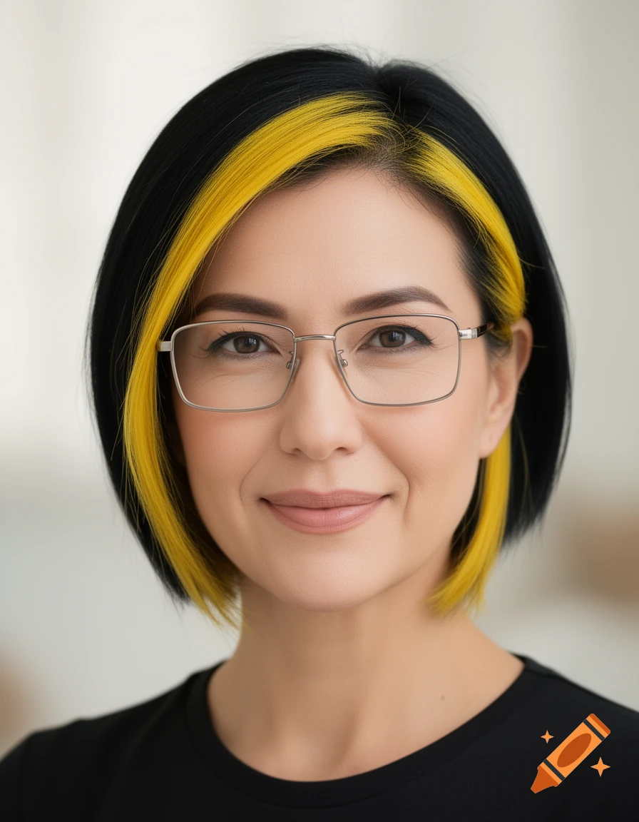 A woman with short black hair and yellow streaks, wearing silver-framed glasses, smiles at the camera.