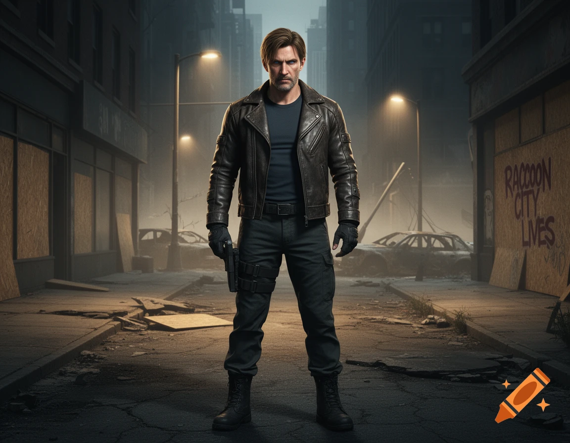 A photorealistic depiction of Leon Kennedy from Resident Evil standing in a dark, destroyed city street with a gun.