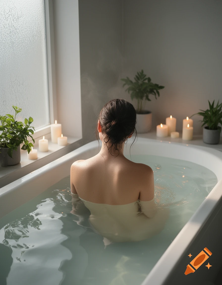 A woman from behind soaking in a bathtub surrounded by candles and plants, with steam rising.