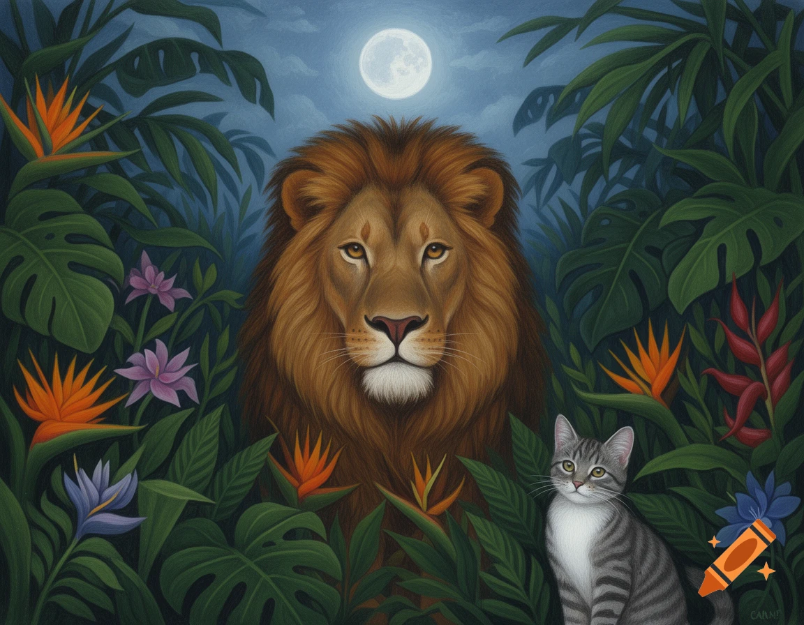 Naive painting of a lion and a striped cat in a moonlit tropical jungle with lush leaves and flowers.