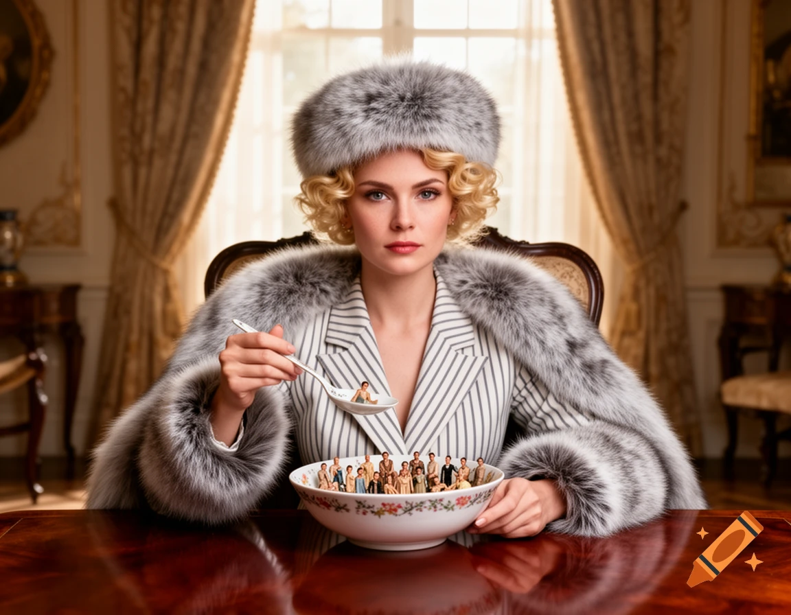Photorealistic image of a woman in a fur hat and striped suit eating tiny people from a bowl with a spoon in an elegant dining room.