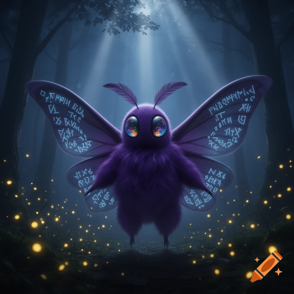 A fluffy purple moth-like creature with large, colorful eyes and glowing runes on its wings stands in a mystical dark forest with fireflies and light rays.