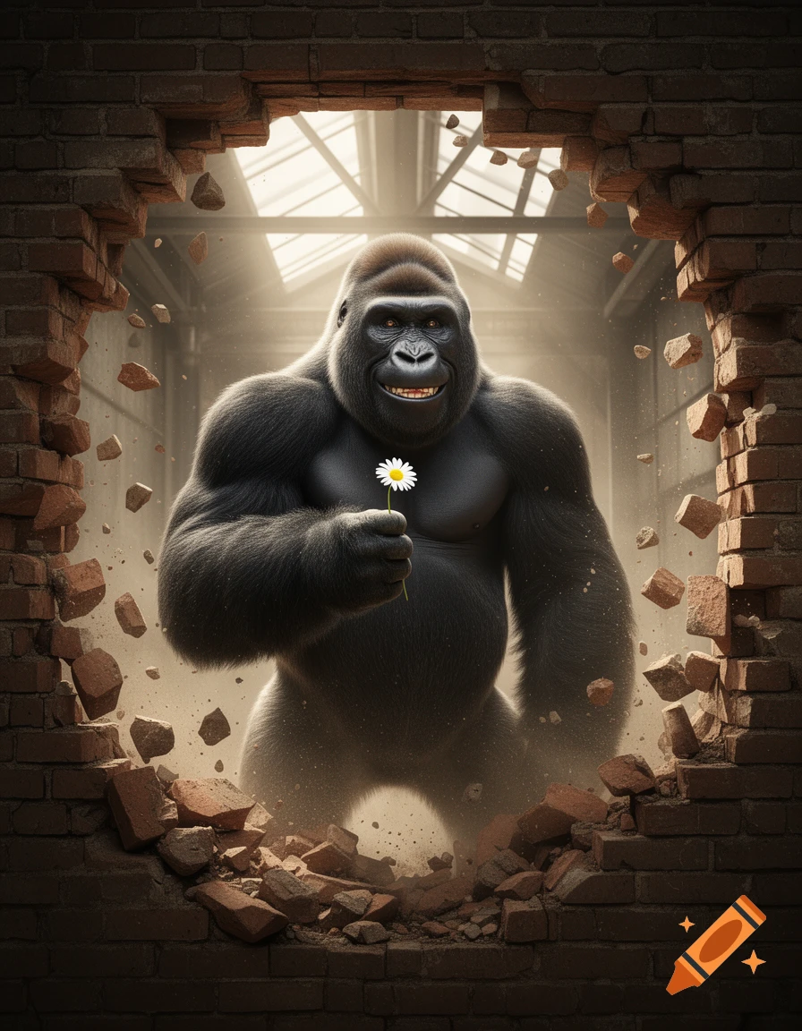 A smiling, muscular gorilla breaks through a brick wall, holding a white daisy. Photorealistic style.