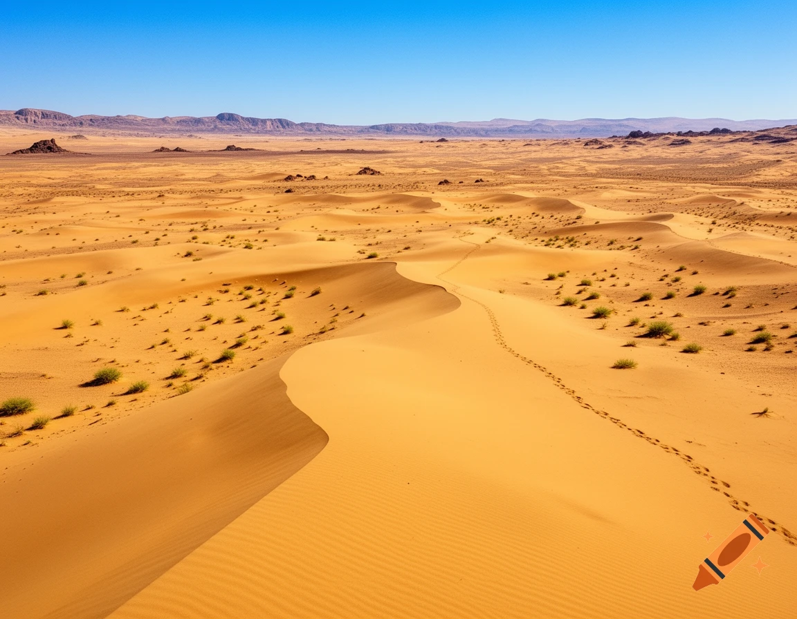 A vast desert landscape with golden sand dunes, scattered green bushes, and distant mountains under a clear blue sky. Footprints trail across a dune.
