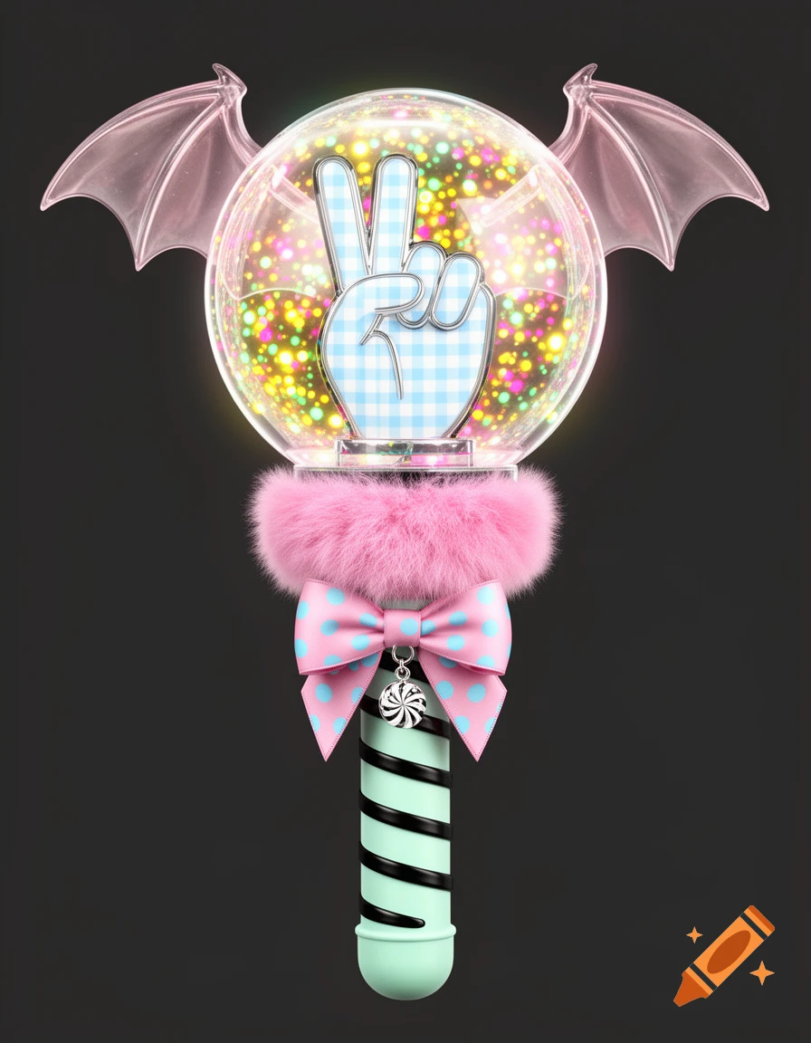 A pastel K-pop lightstick with a transparent globe, gingham peace sign, pink bat wings, fluffy collar, polka dot bow, and striped mint handle.