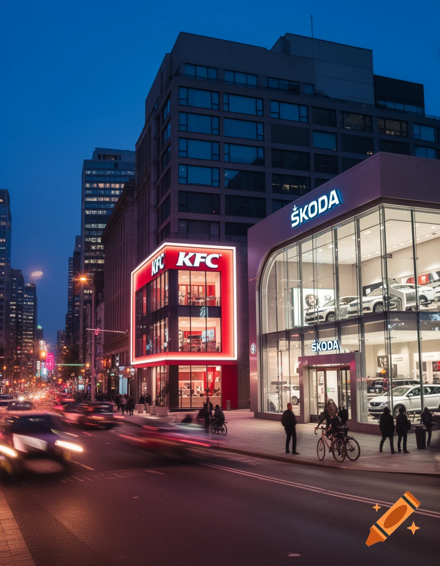 A night cityscape with brightly lit KFC and Skoda buildings, light trails from cars on the street, and people on the sidewalk.