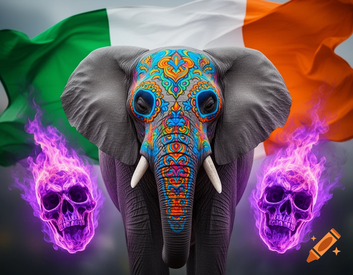 A colorful elephant with sugar skull-style face paint stands in front of a waving Irish flag. Two purple flaming skulls float on either side of its head.