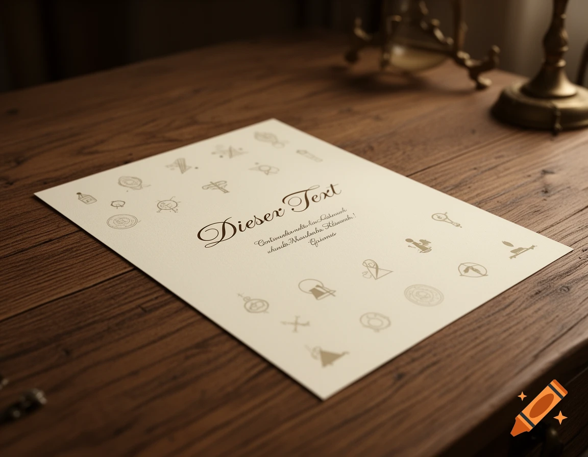 A beige sheet of paper with "Dieser Text" in script and small icons on a wooden desk with a blurred brass object in the background.
