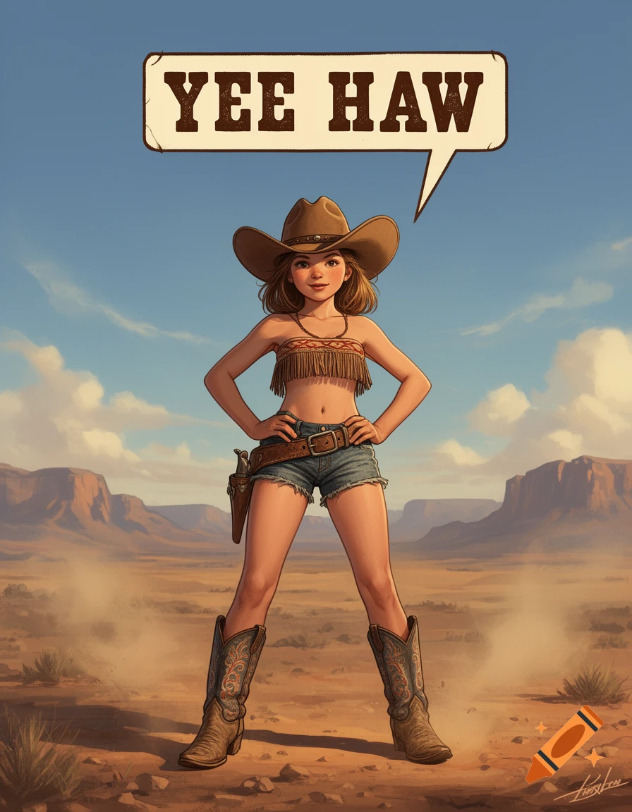 A cartoon cowgirl in a hat, fringed top, shorts, and boots stands in a desert under a speech bubble saying 'YEE HAW'.