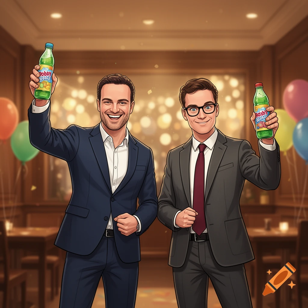 Cartoon illustration of two smiling men in suits holding up green 'Robby Bubble' bottles at a celebration with balloons and bokeh lights.