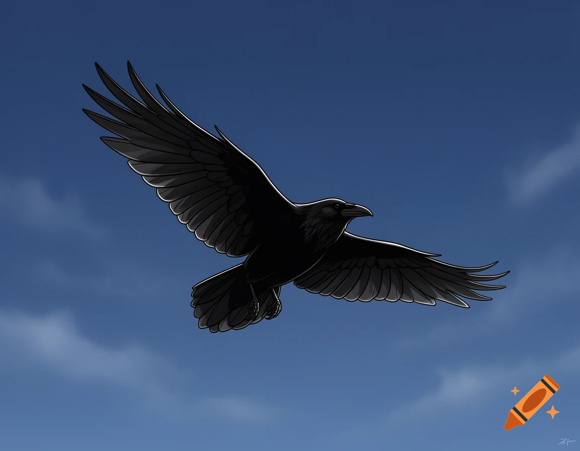 A stylized black raven with outstretched wings soars against a vibrant blue sky with subtle clouds.