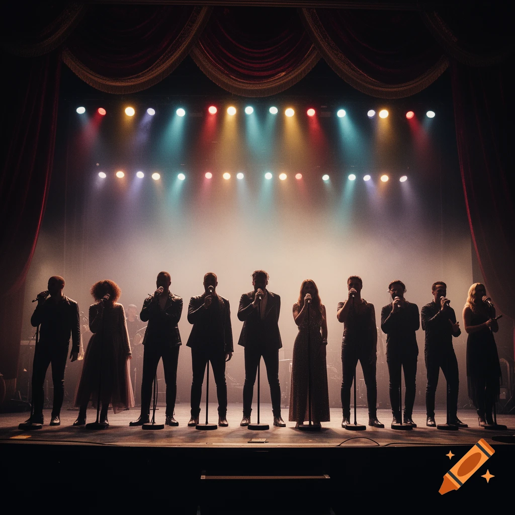 Ten singers stand silhouetted on a stage, holding microphones under colorful spotlights and haze.