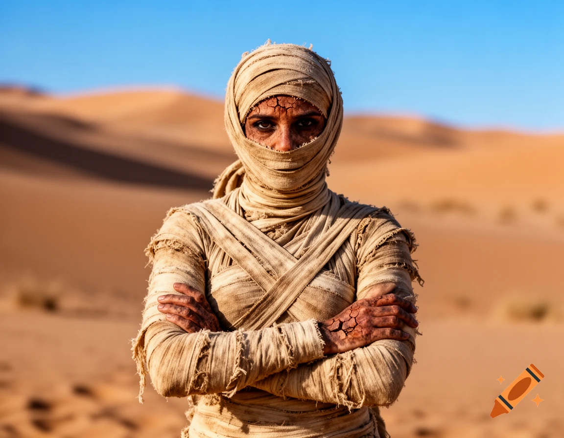 A photorealistic image of a mummy woman with cracked skin, wrapped in bandages, standing with crossed arms in a desert.