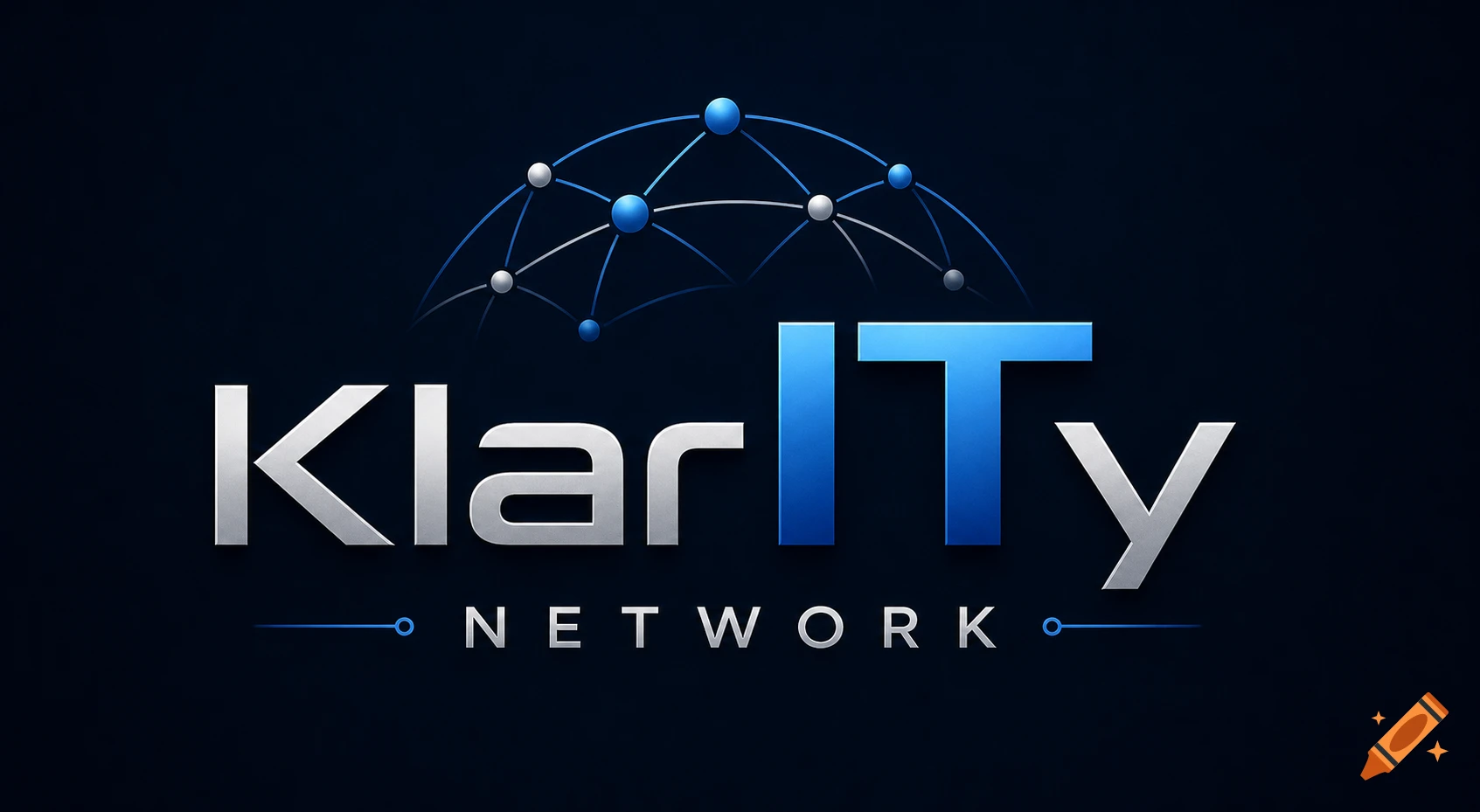 Modern KlarITy NETWORK logo featuring silver text, blue 'IT' and a stylized blue and silver network globe.